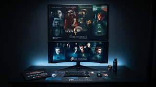Dark Pictures gaming room setup with official merchandise; All Games poster on the wall and XL mouse mat on the desk