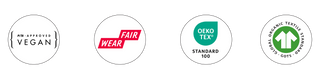 Set of certification logos including Vegan, Fair Wear, OEKO-TEX, and Organic Textile Standard on a white background.