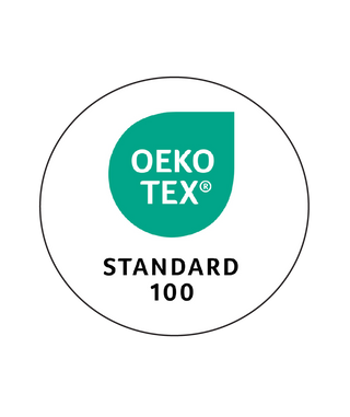 Set of certification logos including Vegan, Fair Wear, OEKO-TEX, and Organic Textile Standard on a white background.