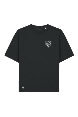 Black t-shirt with graphic design and text on the back, Directive 8020 black t-shirt the dark pictures
